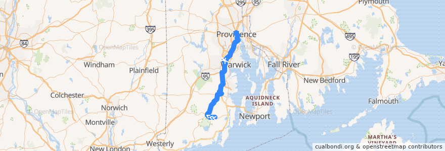 Mapa del recorrido RIPTA 62 URI/Galilee to Providence Station de la línea  en Rhode Island.