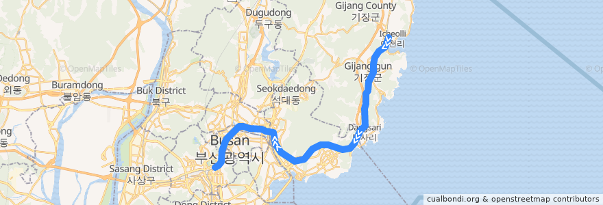 Mapa del recorrido 동해선 광역전철: 일광 → 부전 de la línea  en 대한민국.