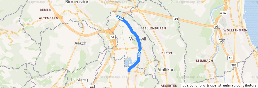 Mapa del recorrido Bus 229: Wettswil a.A., Heidenchilen - Bonstetten-Wettswil, Bahnhof de la línea  en Wettswil am Albis.