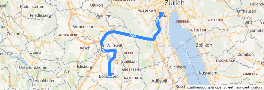 Mapa del recorrido Bus 210: Bonstetten, Dorfplatz => Zürich, Bahnhof Enge/Bederstrasse de la línea  en 蘇黎世州.