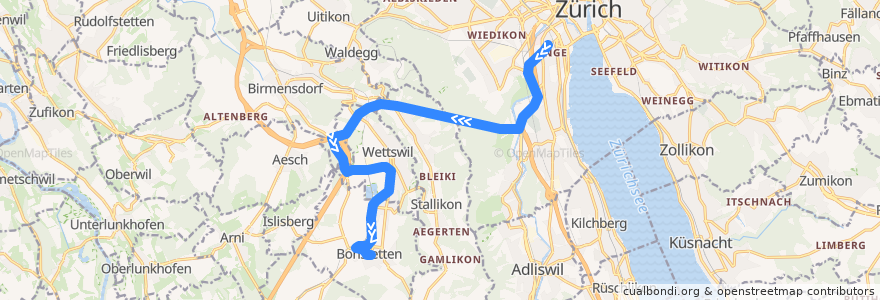 Mapa del recorrido Bus 210: Zürich, Bahnhof Enge/Bederstrasse => Bonstetten, Dorfplatz de la línea  en Zurique.