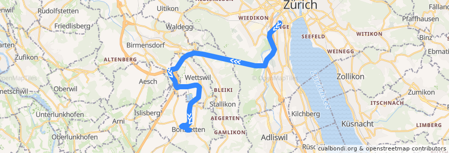 Mapa del recorrido Bus 210: Zürich, Bahnhof Enge/Bederstrasse => Bonstetten, Dorfplatz de la línea  en Цюрих.