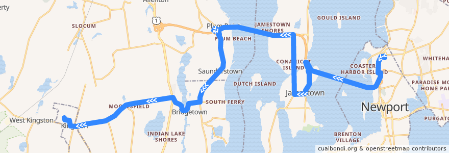 Mapa del recorrido 64 URI de la línea  en Род-Айленд.