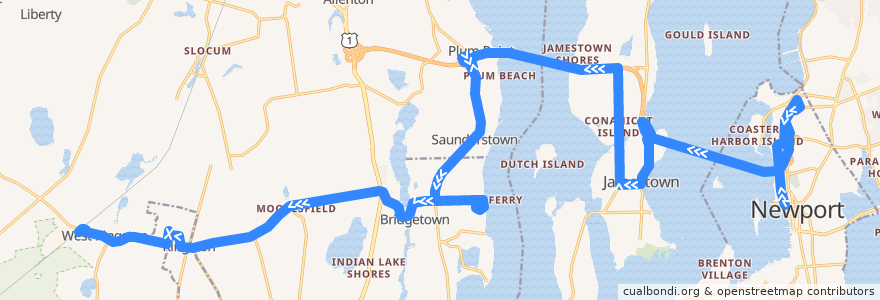 Mapa del recorrido RIPTA 64 Newport/URI Kingston to Kingston Railroad Station (via URI Bay Campus) de la línea  en Rhode Island.