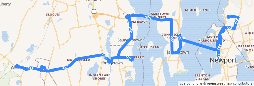 Mapa del recorrido RIPTA 64 Newport/URI Kingston to Kingston Railroad Station (via NUWC and URI Bay Campus) de la línea  en Rhode Island.