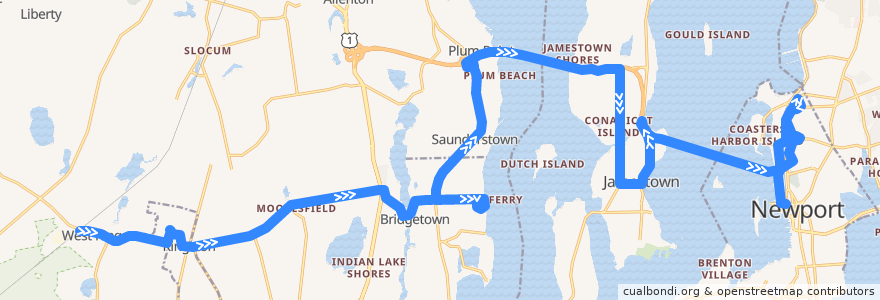 Mapa del recorrido RIPTA 64 Newport/URI Kingston to Newport Gateway Center (via URI Bay Campus) de la línea  en رود آيلاند.