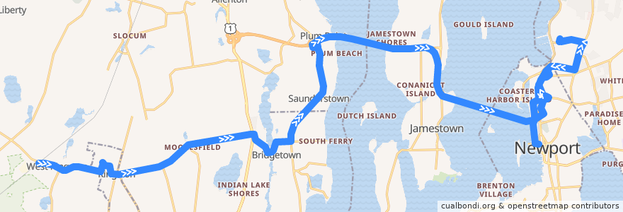 Mapa del recorrido RIPTA 64 Newport/URI Kingston to Newport Gateway Center (via NUWC) de la línea  en Rhode Island.
