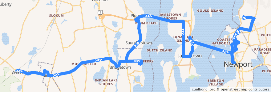 Mapa del recorrido RIPTA 64 Newport/URI Kingston to Newport Gateway Center (via URI Bay Campus and NUWC) de la línea  en Rhode Island.