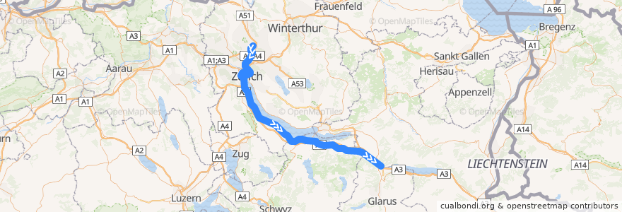 Mapa del recorrido S2: Zürich Flughafen –> Ziegelbrücke de la línea  en 瑞士.