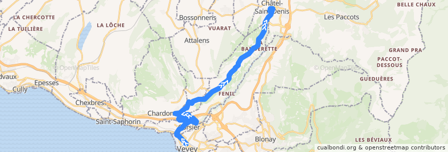 Mapa del recorrido Bus 213: Châtel-Saint-Denis, gare => Vevey, gare de la línea  en District de la Riviera-Pays-d’Enhaut.