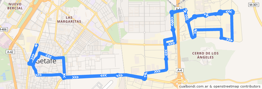 Mapa del recorrido Getafe Central-P.I. Los Angeles-P.I. Los Olivos de la línea  en Getafe.