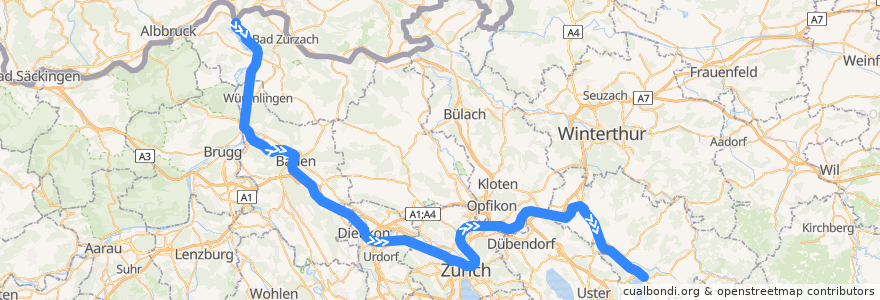 Mapa del recorrido S19: Koblenz –> Pfäffikon ZH de la línea  en Schweiz/Suisse/Svizzera/Svizra.