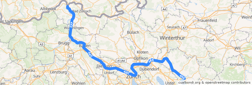 Mapa del recorrido S19: Pfäffikon ZH –> Koblenz de la línea  en Schweiz.