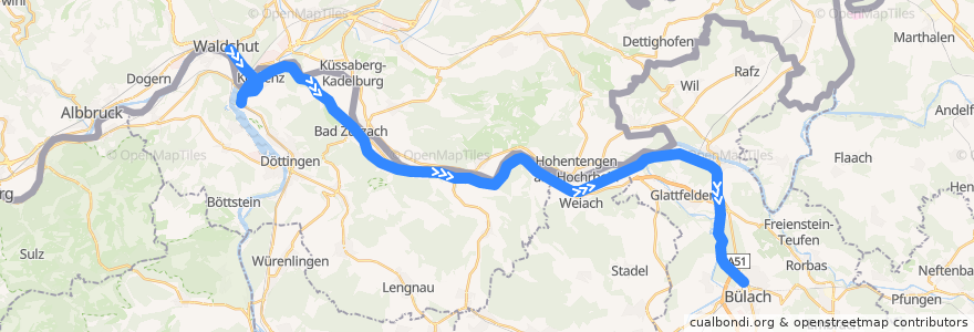 Mapa del recorrido S36: Waldshut –> Bülach de la línea  en سوئیس.