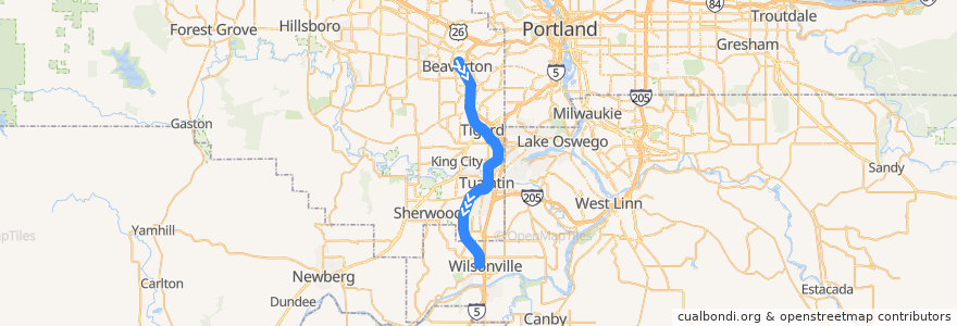 Mapa del recorrido TriMet WES: Beaverton Transit Center => Wilsonville de la línea  en Washington County.