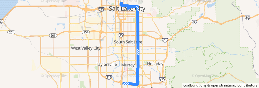Mapa del recorrido UTA Route 209 900 East (to North Temple Station) de la línea  en Salt Lake County.
