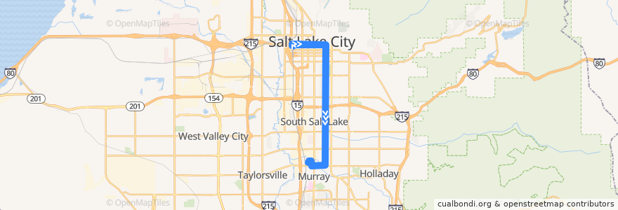 Mapa del recorrido UTA Route 205 500 East (to Murray North Station) de la línea  en Salt Lake County.