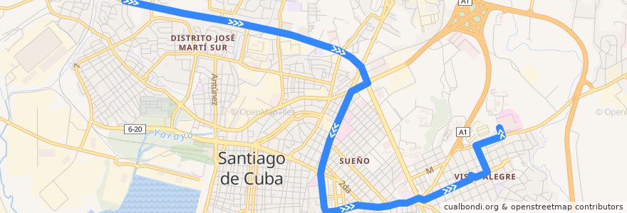 Mapa del recorrido Ruta P5 Hosp. Clin. Quirurgico->Dist. J. Martí de la línea  en Ciudad de Santiago de Cuba.