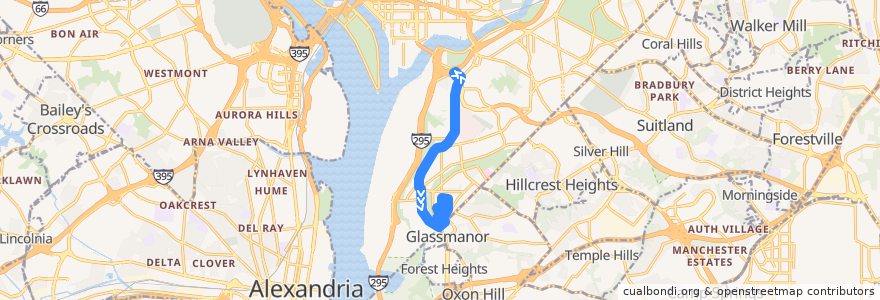 Mapa del recorrido WMATA A8 Anacostia-Congress Heights Line de la línea  en Washington.