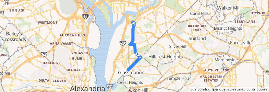 Mapa del recorrido WMATA A7 Anacostia-Congress Heights Line de la línea  en 워싱턴.