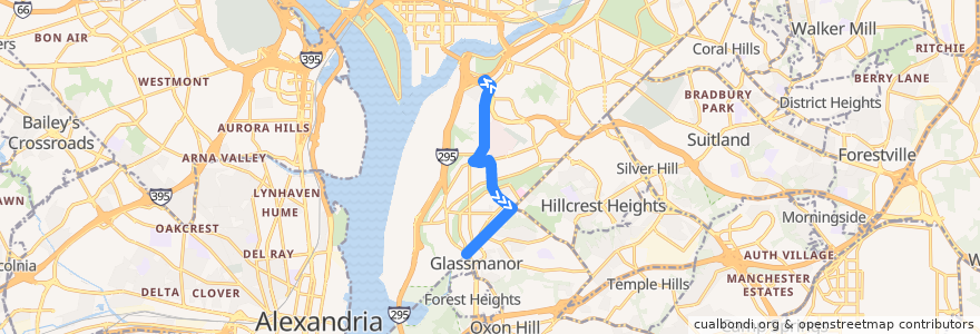 Mapa del recorrido WMATA A7 Anacostia-Congress Heights Line de la línea  en Washington.