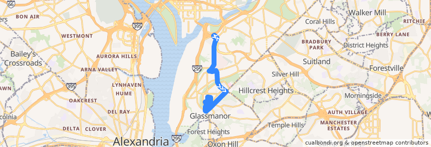 Mapa del recorrido WMATA A6 Anacostia-Congress Heights Line de la línea  en Washington.