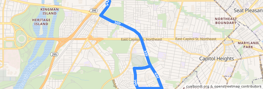 Mapa del recorrido WMATA V8 Benning Heights-Alabama Avenue Line de la línea  en Washington.