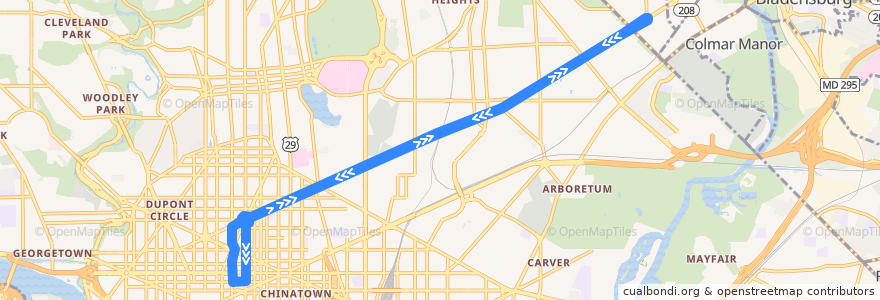 Mapa del recorrido WMATA G9 Rhode Island Avenue Limited Line de la línea  en Washington.