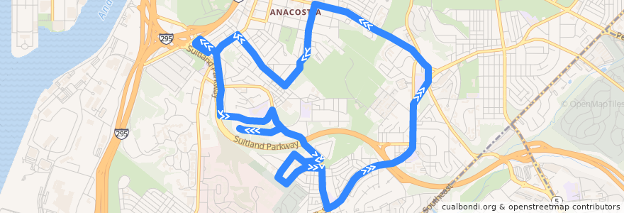 Mapa del recorrido WMATA W8 Garfield-Anacostia Loop Line de la línea  en 워싱턴.