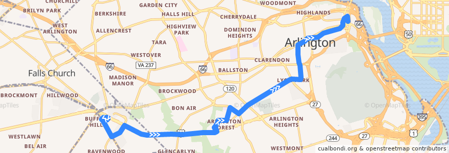 Mapa del recorrido WMATA 4B East Pershing Dr - Arlington Blvd Line de la línea  en バージニア州.
