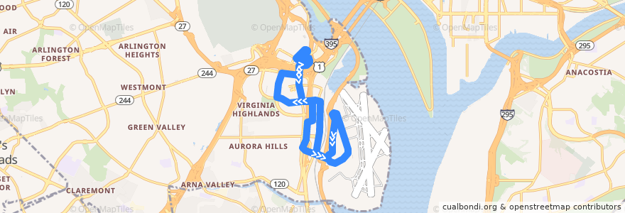 Mapa del recorrido WMATA 10N Alexandria-Pentagon Line de la línea  en Arlington.
