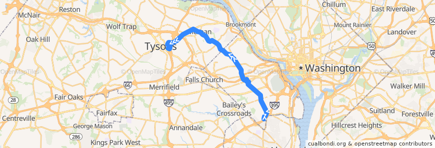 Mapa del recorrido WMATA 23T West McLean-Crystal City Line de la línea  en Virginia.