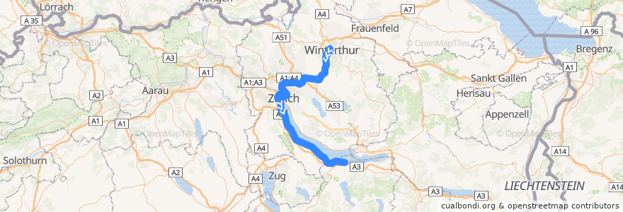 Mapa del recorrido S8: Winterthur –> Pfäffikon SZ de la línea  en 蘇黎世州.