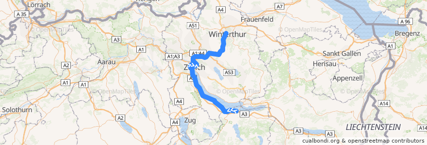 Mapa del recorrido S8: Pfäffikon SZ –> Winterthur de la línea  en Zürich.