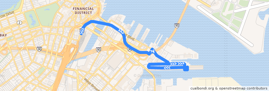 Mapa del recorrido MBTA SL2 de la línea  en Boston.