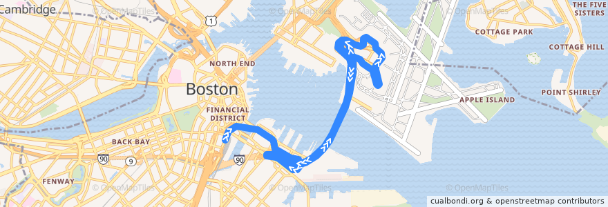 Mapa del recorrido MBTA SL1 de la línea  en Boston.