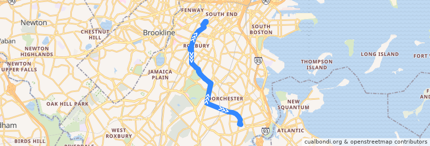 Mapa del recorrido MBTA 22 de la línea  en Boston.