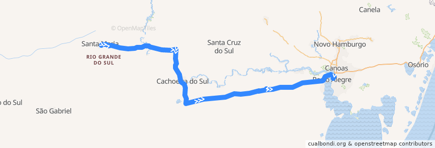 Mapa del recorrido Santa Maria → Porto Alegre via Cachoeira do Sul de la línea  en ریو گرانده جنوبی.