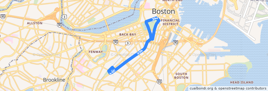 Mapa del recorrido MBTA 43 de la línea  en Boston.