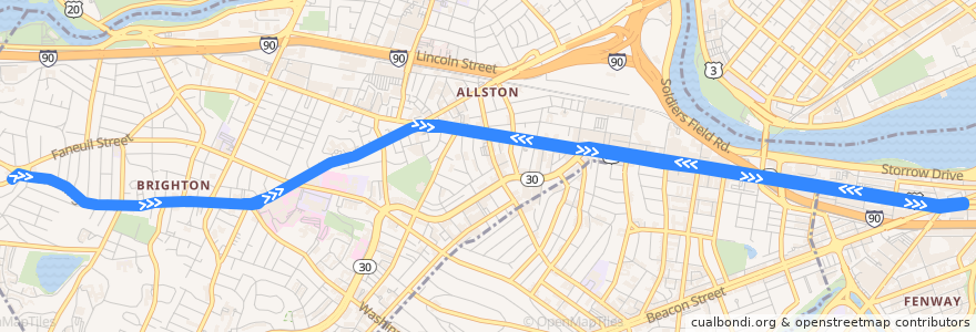 Mapa del recorrido MBTA 57A de la línea  en 波士顿 / 波士頓.