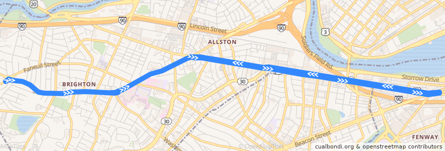 Mapa del recorrido MBTA 57A de la línea  en Boston.