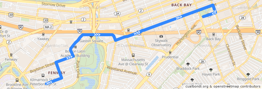 Mapa del recorrido MBTA 55: Copley de la línea  en Boston.
