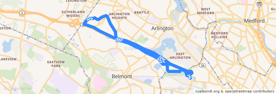 Mapa del recorrido MBTA 84 de la línea  en Middlesex County.