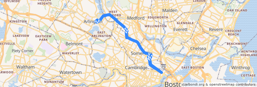 Mapa del recorrido MBTA 80 de la línea  en Middlesex County.