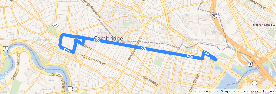 Mapa del recorrido MBTA 69 de la línea  en Cambridge.
