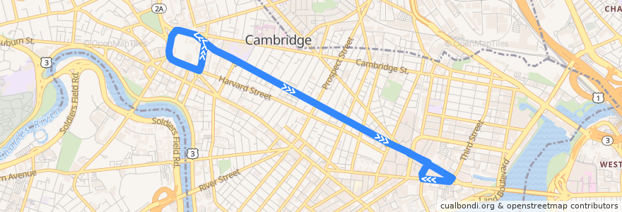 Mapa del recorrido MBTA 68 de la línea  en Cambridge.