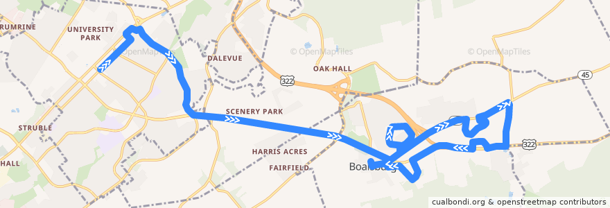 Mapa del recorrido Bus B: Campus and Downtown -> Liberty Hill -> Willowbrook -> Centre Estates -> Country Place -> Boalsburg Village de la línea  en Centre County.
