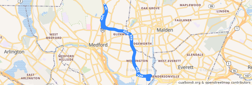 Mapa del recorrido MBTA 100 de la línea  en Medford.