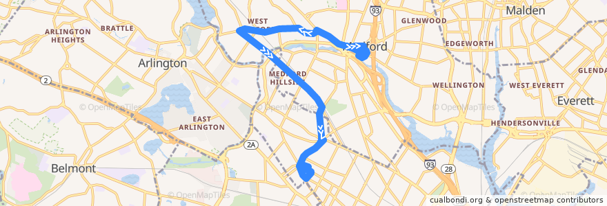 Mapa del recorrido MBTA 94 de la línea  en Middlesex County.