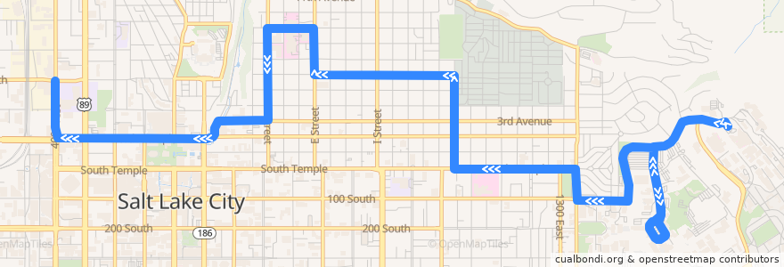 Mapa del recorrido UTA Route 6 6th Avenue (from University Medical Center to North Temple Station via University Central Campus) de la línea  en Salt Lake City.